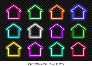 Neon house icon set. Glowing coloful home frame borders. Building shape action button UI elements with copy space. Purple, blue, pink, yellow, green, red text boxes. Vector illustration.
