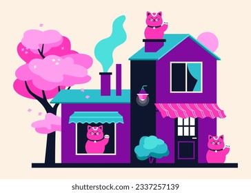 Neon house and Maneki-neko - modern colored vector illustration