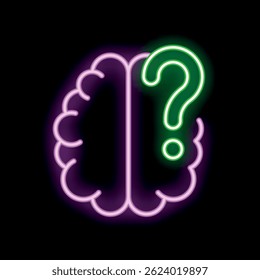 Neon human brain with green question mark glowing on black background