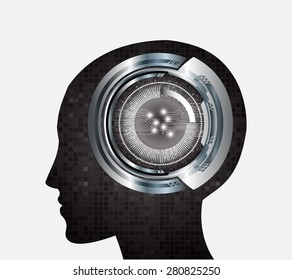 Neon human head. Cpu. black Circuit board. Vector illustration. Abstract Technology background for computer graphic website internet and business. infographics. pixel. digital logo.