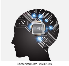 Neon human head. CPU. black Circuit board. Vector illustration. Abstract Technology background for computer graphic website internet and business. info graphics.