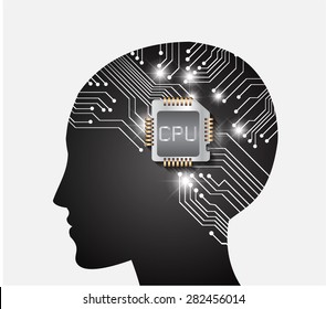 Neon human head. Cpu. black Circuit board. Vector illustration. Abstract Technology background for computer graphic website internet and business. infographics.