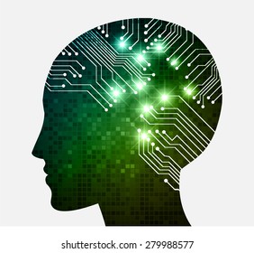 Neon human head. Cpu. blue green Circuit board. Vector illustration. pixel. Abstract Technology background for computer graphic website internet and business. infographics.