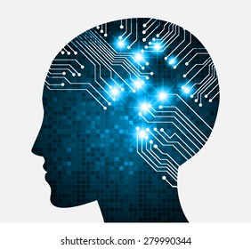 Neon human head. Cpu. blue Circuit board. Vector illustration. pixel. Abstract Technology background for computer graphic website internet and business. infographics.