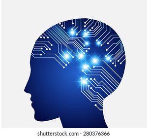 Neon human head. Cpu. blue Circuit board. Vector illustration. Abstract Technology background for computer graphic website internet and business. infographics.