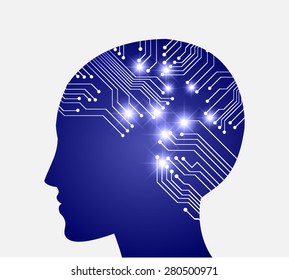 Neon human head. Cpu. blue Circuit board. Vector illustration. Abstract Technology background for computer graphic website internet and business. infographics.