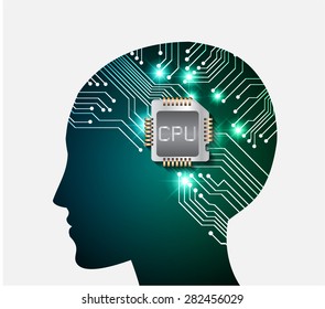 Neon human head. Cpu. blue green Circuit board. Vector illustration. Abstract Technology background for computer graphic website internet and business. infographics.