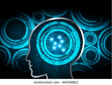 Neon human head. Cpu. blue Circuit board. illustration. pixel. Abstract Technology background for computer graphic website internet and business. infographics. Cyber