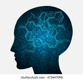Neon human head. Cpu. blue Circuit board. illustration. pixel. Abstract Technology background for computer graphic website internet and business. 