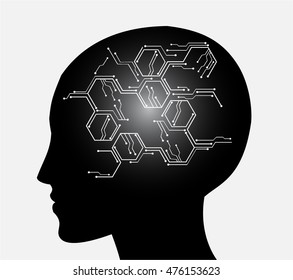 Neon human head. Cpu. blue Circuit board. illustration. pixel. Abstract Technology background for computer graphic website internet and business.