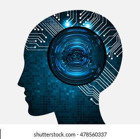 Neon human head. Cpu. blue Circuit board. illustration. pixel. Abstract Technology background for computer graphic website internet and business.