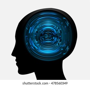 Neon human head. Cpu. blue Circuit board. illustration. pixel. Abstract Technology background for computer graphic website internet and business.