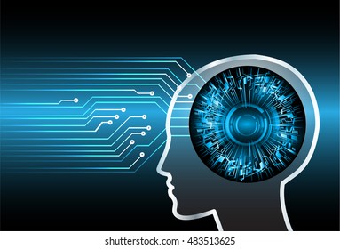 Neon human head. Cpu. blue Circuit board. illustration. pixel. Abstract Technology background for computer graphic website internet and business. infographics. Cyber