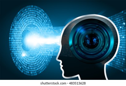 Neon human head. Cpu. blue Circuit board. illustration. pixel. Abstract Technology background for computer graphic website internet and business. infographics. Cyber