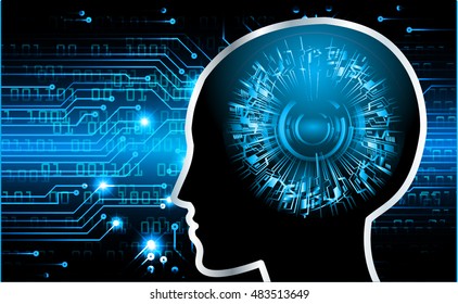 Neon human head. Cpu. blue Circuit board. illustration. pixel. Abstract Technology background for computer graphic website internet and business. infographics. Cyber