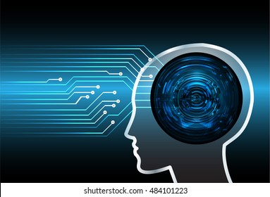 Neon human head. Cpu. blue Circuit board. illustration. pixel. Abstract Technology background for computer graphic website internet and business. infographics. Cyber