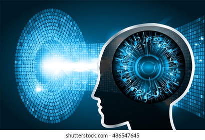 Neon human head. Cpu. blue Circuit board. illustration. pixel. Abstract Technology background for computer graphic website internet and business. infographics. Cyber