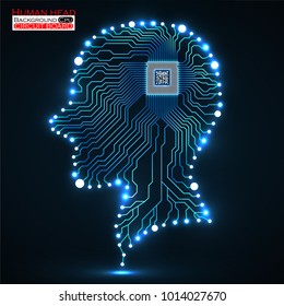 Neon human head, cpu, circuit board, vector illustration, eps 10