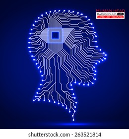 Neon human head. Cpu. Circuit board. Vector illustration. Eps 10