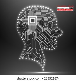 Neon human head. Cpu. Circuit board. Vector illustration. Eps 10