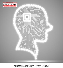 Neon human head. Cpu. Circuit board. Vector illustration. Eps 10