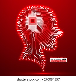 Neon human head. Cpu. Circuit board. Vector illustration. Eps 10