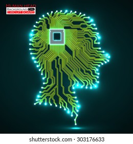 Neon human head. Cpu. Circuit board. Vector illustration. Eps 10