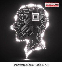 Neon human head. Cpu. Circuit board. Vector illustration. Eps 10