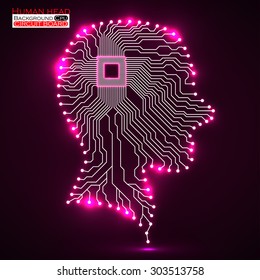 Neon human head. Cpu. Circuit board. Vector illustration. Eps 10