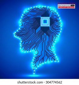 Neon human head. Cpu. Circuit board. Vector illustration. Eps 10