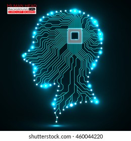 Neon human head, cpu, circuit board, vector illustration, eps 10