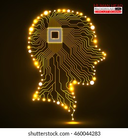 Neon human head, cpu, circuit board, vector illustration, eps 10