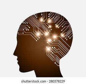 Neon human head. Cpu. darek brown Circuit board. Vector illustration. Abstract Technology background for computer graphic website internet and business. infographics.