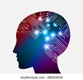 Neon human head. Cpu. dark red blue purple Circuit board. Vector illustration. Abstract Technology background for computer graphic website internet and business. infographics.