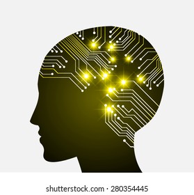 Neon human head. Cpu. dark yellow Circuit board. Vector illustration. Abstract Technology background for computer graphic website internet and business. infographics.