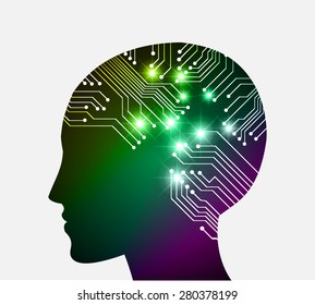 Neon human head. Cpu. dark yellow green purple Circuit board. Vector illustration. Abstract Technology background for computer graphic website internet and business. infographics.