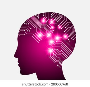 Neon human head. Cpu. dark pink Circuit board. Vector illustration. Abstract Technology background for computer graphic website internet and business. infographics.