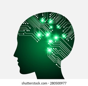 Neon human head. Cpu. dark green ircuit board. Vector illustration. Abstract Technology background for computer graphic website internet and business. infographics.
