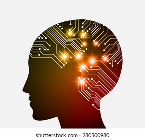 Neon human head. Cpu. dark yellow red Circuit board. Vector illustration. Abstract Technology background for computer graphic website internet and business. infographics.
