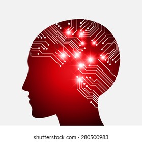 Neon human head. Cpu. dark red Circuit board. Vector illustration. Abstract Technology background for computer graphic website internet and business. infographics.