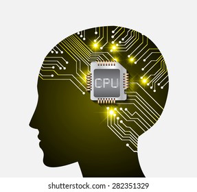 Neon human head. CPU. dark yellow Circuit board. Vector illustration. Abstract Technology background for computer graphic website internet and business. info graphics.