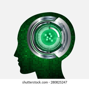 Neon human head. Cpu. green Circuit board. Vector illustration. Abstract Technology background for computer graphic website internet and business. infographics. pixel. digital logo.