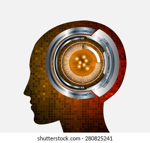 Neon human head. Cpu. orange Circuit board. Vector illustration. Abstract Technology background for computer graphic website internet and business. infographics. pixel. digital logo.