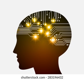 Neon human head. Cpu. orange Circuit board. Vector illustration. Abstract Technology background for computer graphic website internet and business. infographics.