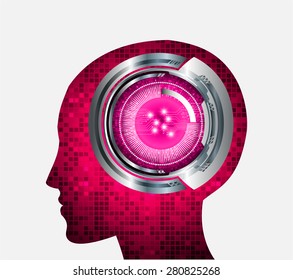 Neon human head. Cpu. pink Circuit board. Vector illustration. Abstract Technology background for computer graphic website internet and business. infographics. pixel. digital logo.