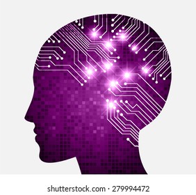Neon human head. Cpu. purple Circuit board. Vector illustration. pixel. Abstract Technology background for computer graphic website internet and business. infographics.