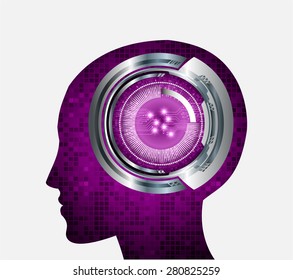 Neon human head. Cpu. purple Circuit board. Vector illustration. Abstract Technology background for computer graphic website internet and business. infographics. pixel. digital logo.
