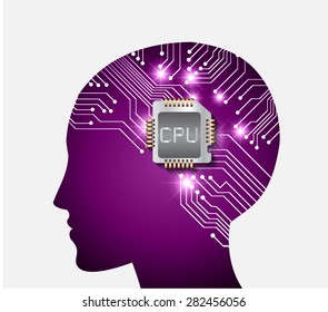 Neon human head. Cpu. purple Circuit board. Vector illustration. Abstract Technology background for computer graphic website internet and business. infographics.