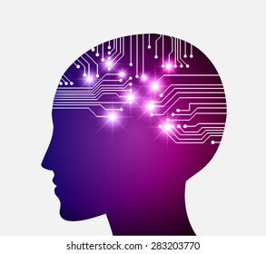 Neon human head. Cpu. purple blue Circuit board. Vector illustration. Abstract Technology background for computer graphic website internet and business. infographics.