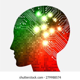 Neon human head. Cpu. red green Circuit board. Vector illustration. pixel. Abstract Technology background for computer graphic website internet and business. infographics.